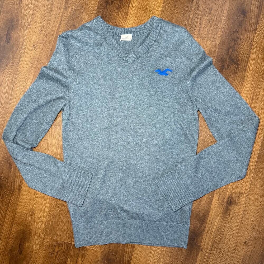 Hollister Men's Y2K V-Neck Sweater Bird Logo Gray Sz L Casual Preppy Surf